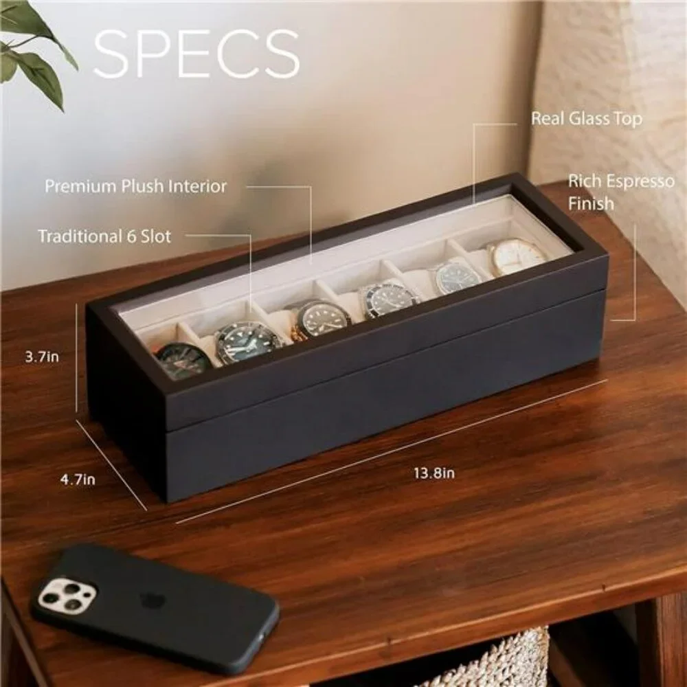 Wood Watch Box Organizer Glass Top Display Case for Men Women 6 Slot Storage